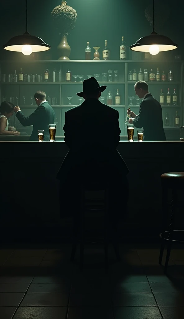 noir scene, in 1960s style, a lone detective sitting at a bar, empty glasses and one full one in front of him, bartenders pouring beer, bottles of spirits and glasses on the shelves behind the bar, dark noir style, dramatic lighting, moody atmosphere, deep...