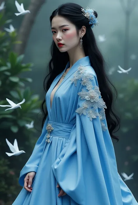 Total look inspired by Chanel 1990 sky blue haute couture and  long black hair and Chinese face background animals