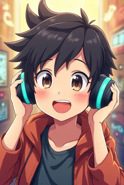 Male character with headphones smile in anime