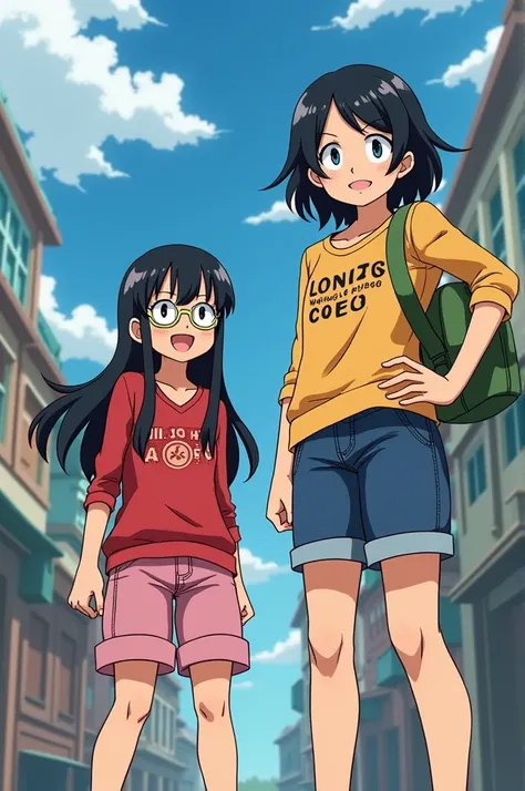 two girls,  one short , Cut , long straight black hair, with glasses,  normal build and the other white with short hair, black and wavy,  thick build and taller than the other . In the style of One Piece anime 