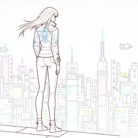 "A futuristic, cyberpunk cityscape at night, illuminated by neon signs in shades of pink, blue, and purple. In the center stands a tall woman with flowing silver hair, wearing a sleek, high-tech black leather jacket adorned with glowing blue circuitry patt...