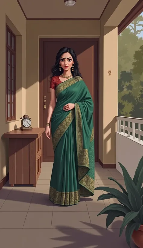 kerala female Reshma in home outdoor.kerala Reshma is young and average sized body perfectly fit body figure with big breast cleavage and indian fair skin tone and black hair.kerala Reshma is Wearing printed green saree and sleeveless blouse.Realistic phot...