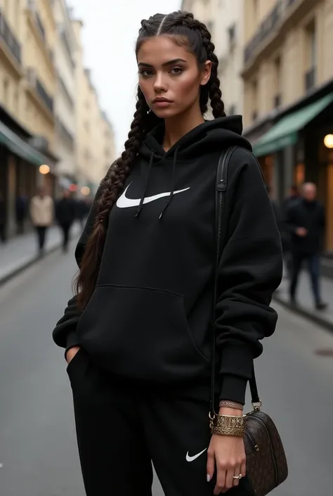 Une fine blanche belle jeune brune anglaise aux cheveux longs avec des tresses portant un sweat-shirt Nike a capuche noir Nike et un pantalon noir Nike assorti, elle a un sac Louis vuitton et des bijoux gucci elle est riche et indifférente dans la ville de...