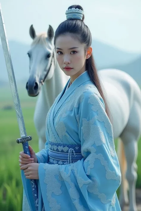 An ancient Chinese female warrior with a gentle and beautiful realistic face ， wearing gorgeous blue ice patterned armor ， A white horse is behind him，Holding a long sword of ice in his hand ， walking alone in a field path full of rice

I want a picture of...