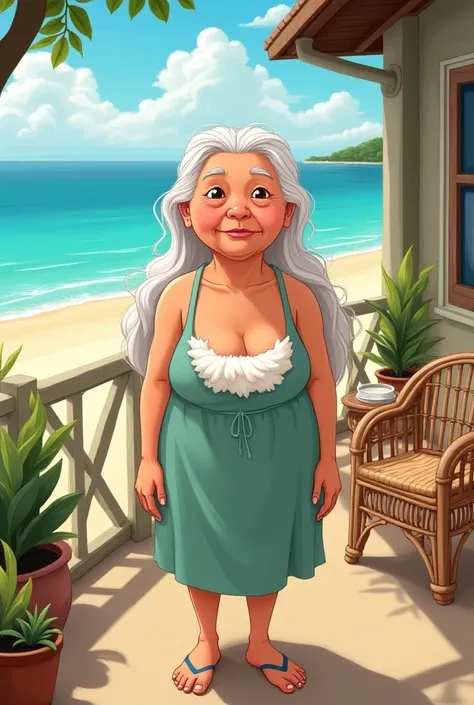 Grandma is not a bit rude but a kind person, with long chest hair, standing on the balcony of a beach house, cartoon image. Grandma is Thai, with white hair, Sam standing facing straight.