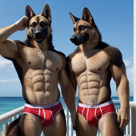 German shepherd, duo,
anthro, muscular male, smiling, sexy face, ((sexy abs)), sexy physique,, standing on balcony, briefs,
half-length portrait, Ocean background, detailed realistic photorealism