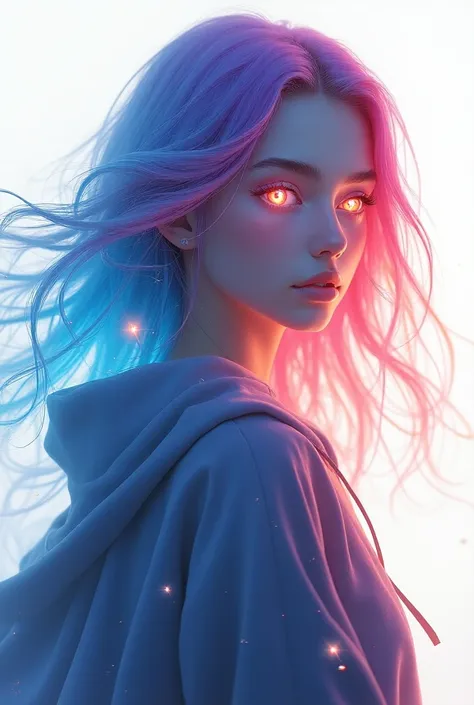 masterpiece, best quility, high_quality, high_resolution, masterpiece*portait, whitespace, colorful, 1girl, solo, white_hair, prism hair, [pink|green] eyes, gradient eyes, multicolored eyes, glowing eyes, glowing, glitter, glowing white particles, wind lif...