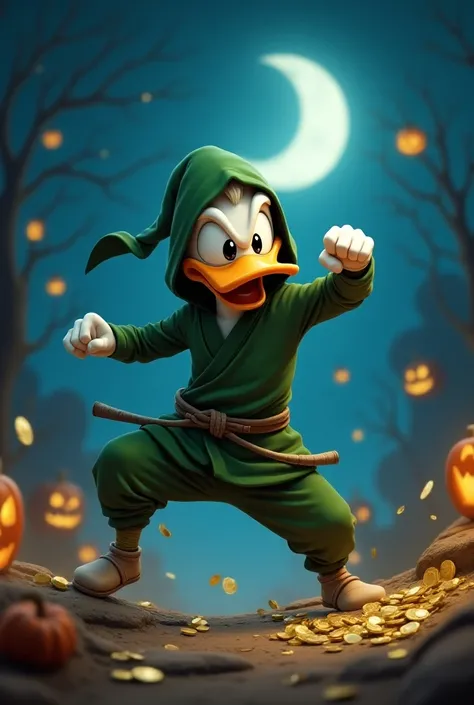 Picsou en ninja rigolo , guerrier , lune , nuit ,halloween