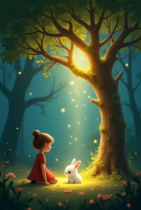 Lily finds Fluffy under a glowing tree: A glowing tree in the forest with a soft, magical light. Lily is kneeling beside her pet bunny, Fluffy, who looks happy to be found. The atmosphere is warm and magical. 