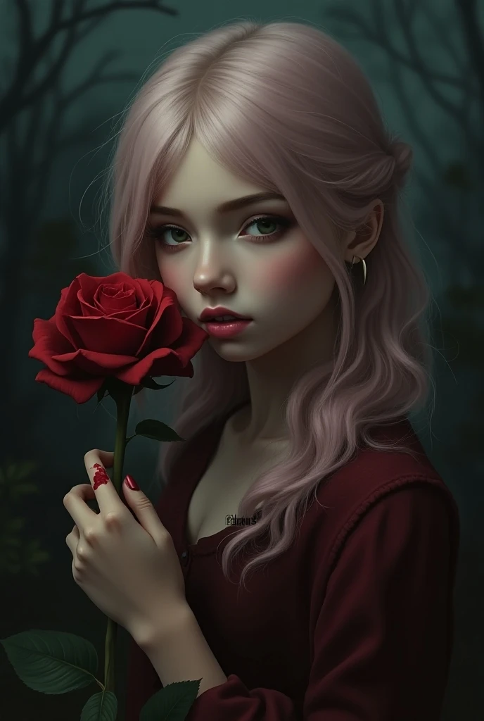 Une jeune fille de 17 ans, version réelle, au teint blond avec un visage innonent aux lèvres roses légèrement ouvertes et aux rouges sang. Elle a de longs cheveux roses pâles en vague. Dans ses mains, elle tient une rose rouge écarlate, et lune de ses main...