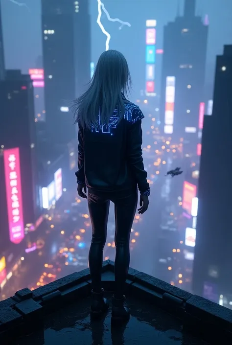 A futuristic, cyberpunk cityscape at night, illuminated by neon signs in shades of pink, blue, and purple. In the center stands a tall woman with flowing silver hair, wearing a sleek, high-tech black leather jacket adorned with glowing blue circuitry patte...