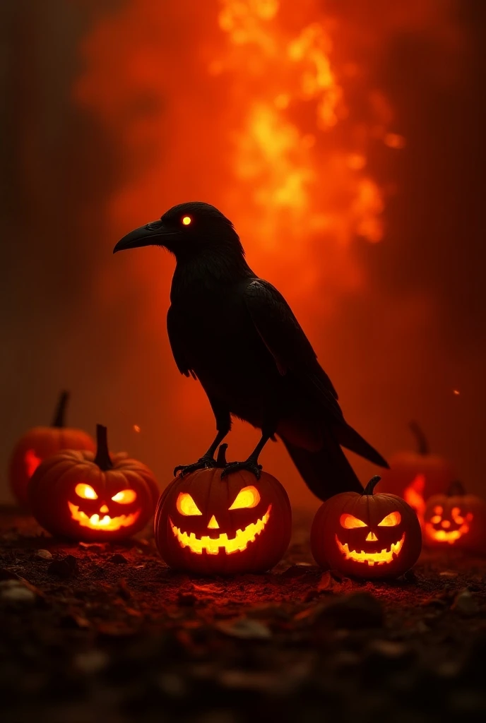 Halloween red orange background horror realistic with Halloween pumpkins and crows