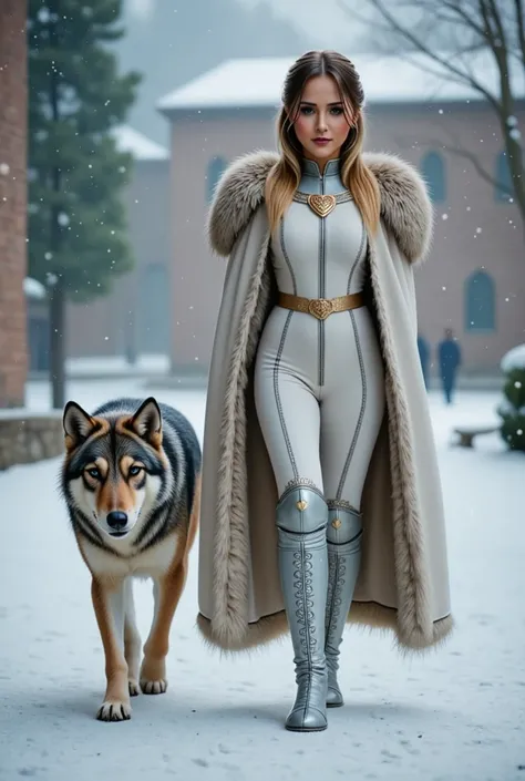 In this wintery scene, we see an 1 elf Princess Saoirse walking through the castle courtyard, followed by her black dire wolf guardian. Their fur lined white cloak is worn over her skin tight armor. Their armor is adorned with a silver ivy pattern running ...