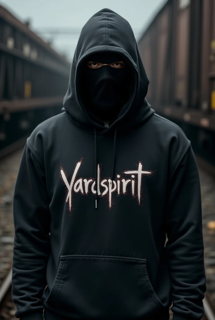 Man with balaclava ,(  wears a hoodie with the inscription Yardspirit in graffiti ), Stands in front of a train 