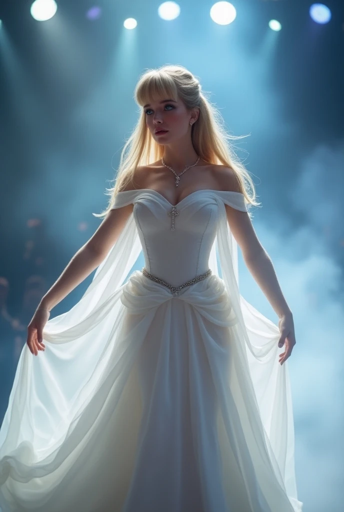 Disney Cinderella princess, light blue eyes, straight long blonde hair with bangs, busty, curvy hourglass figure, long flowy white dress. She is wearing a silver necklace with a cross pendant. She is singing at a concert. Smoky fog, lights behind them on s...