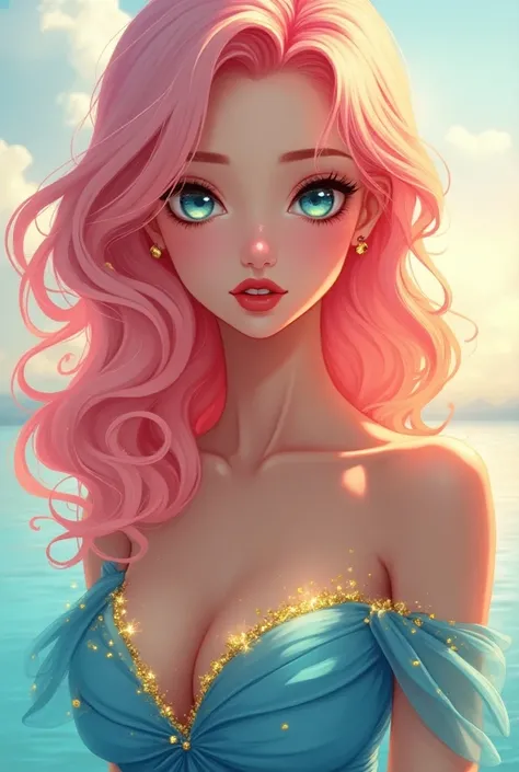 Light pink hair, turquoise eyes, long eyelashes, big red lips, apricot eyes, anime a digital painting, beauty, girly, curly hair, princess, wearing Blue dress, yellow glitter ✨, full body portrait, comic illustration in the style of Jim Lee --ar 2:3 --v 6....