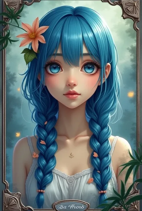 (A very detailed, High quality, Best quality, Official Art, Beautiful and aesthetic:1.2), (One girl:1.3), (Fragmental art:1.3), card, Tarot, Blue hair, Double braids, Flower of hair, (Good lighting:1.1), ((High resolution)), Tarot card style