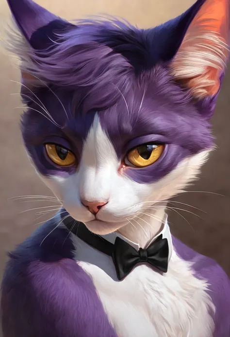 Headshot style angle, tuxedo cat, male, twink, half-lidded eyes, Bedroom Eyes, Gold Pupils, purple fur, hamdsome, 2/3 angle head turn, head slightly tilted, naked, Detailed_Body, realistic fur