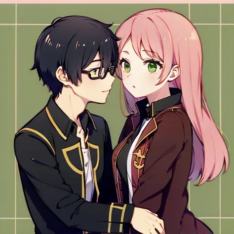 1 boy with black hair, red jacket and glasses romantically kissing a girl with pink hair and green eyes floweeld in the background, amor verdadero, mejillas sonrojadas, alta calidad, Kanonno front tales of the world 