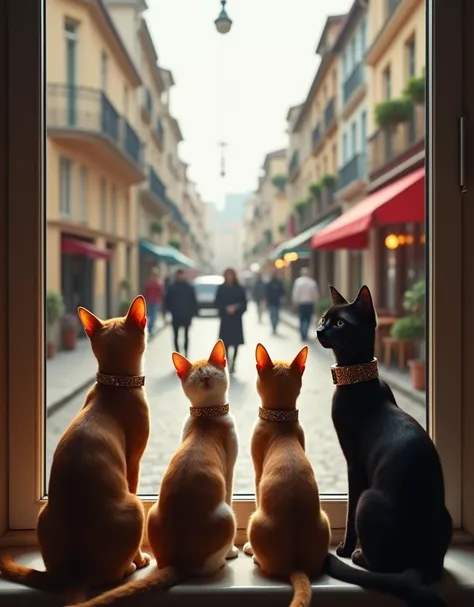 Beatiful cats with collars by window side street cinematic