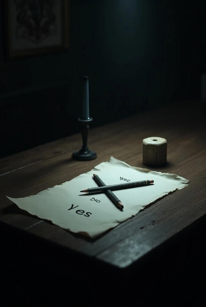 A dark, eerie room with a sheet of paper placed on a wooden table. Two pencils are balanced in a cross shape on top of the paper, with the words YES and NO written in bold letters. Dim lighting casts long shadows, and the atmosphere feels tense, as if some...