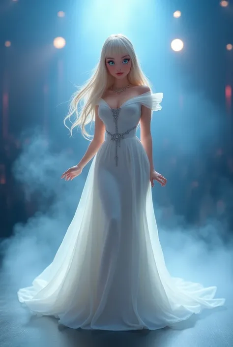 Disney Cinderella princess, light blue eyes, straight long blonde hair with bangs, busty, curvy hourglass figure, long flowy white dress. She is wearing a silver necklace with a cross pendant. She is singing at a concert. Smoky fog, lights behind them on s...