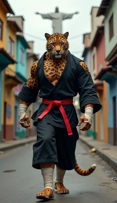 Imagine a hybrid jaguars with a man , Your body is muscular WITH DENSE JAGUAR HAIR,  walking the streets of an urban neighborhood in Brazil . He wears a black martial arts kimono with his sleeves ripped to his shoulder and on his pants., and a red belt tie...