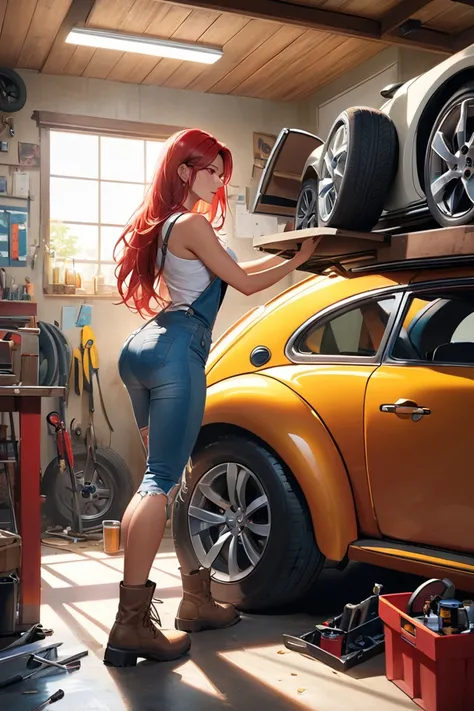 [Masterpiece, best quality],((Brazilian woman, sexy, tattooed, red hair, wearing a torn denim suspender, long hair, fixing a car in a garage)),(Red Beetle with open engine, car garage mechanic), tools, table on the right, boxes, beer, tires on the floor, w...