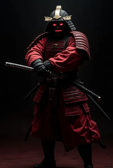 A dark samurai ,  of crimson red armor and red eyes ,  with the right hand starting to remove the katana from the scabbard and holding the scabbard with the left hand in a fully focused attack position and in perfect position. With a black background and a...