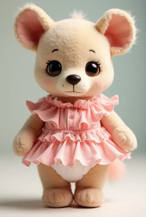 Hyena plush wearing a pink frilly dress and a diaper