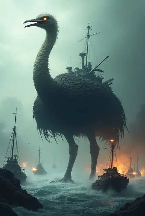 Warship and ostrich hybride monster look in war in sea