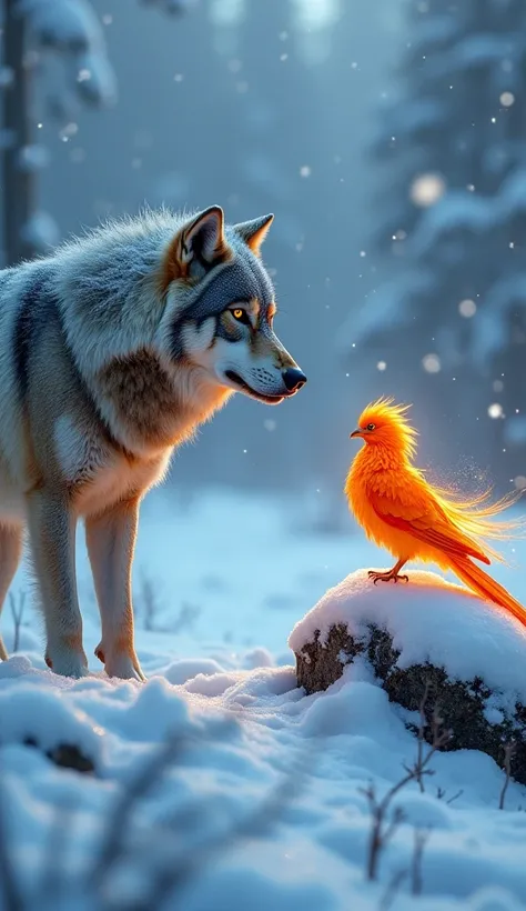 In a quiet, snow-covered valley, a fierce Wolf stands still, its glowing eyes scanning the frozen ground ahead. Its fur is streaked with frost, and its breath forms small clouds in the icy air. In front of it, a radiant Phoenix perches on a snowy boulder, ...