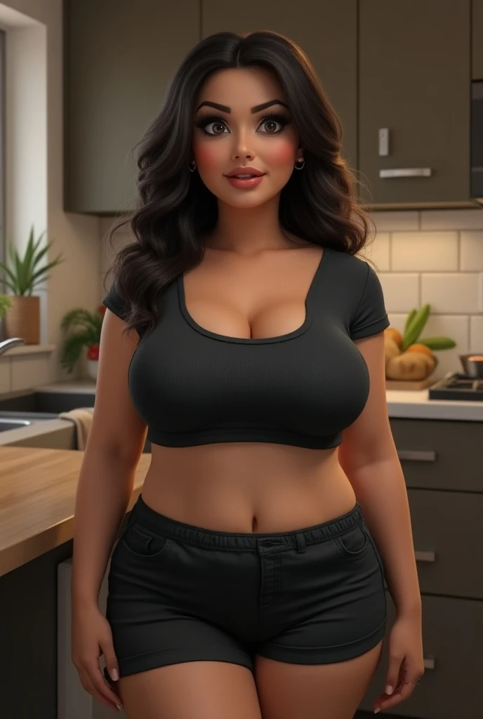 full shot mature,sexy naina, sexy milf, hot curves, chubby, cute face,standing in kitchen, surprised look,, 45yo, wearing knee fit Shorts and tshirt,(cinematic:1.3), intricate details, (ArtStation:1.2),detailed face, 4k, UHD,beautiful eyes