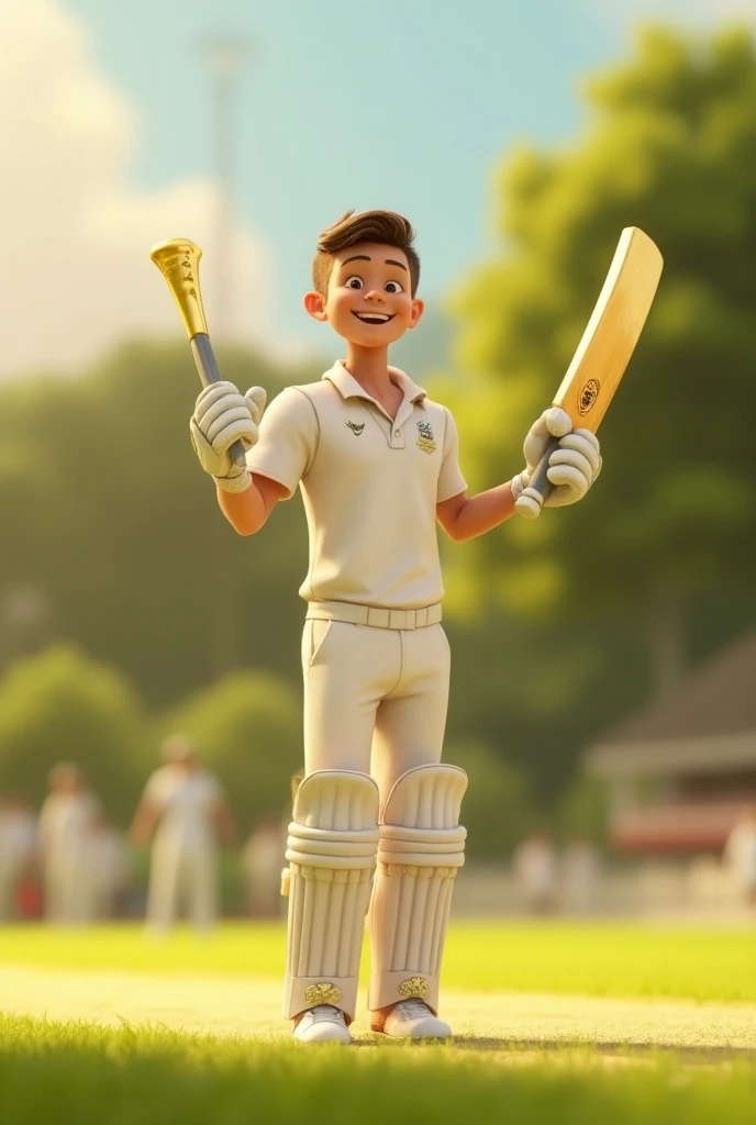 Create a image of  a Youngest cricket player, celebrating his century by pledging cricket bat, cricket player are made from  gold, cricket bat are also gold, 3d animated