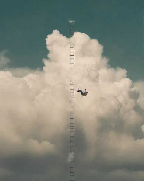 there is a man on a ladder that is in the clouds, collage style joseba elorza, surreal illustration, surreal photo, dreamlike surrealism, surrealism aesthetic, surreal photography, surreal dreamy poetic, surreal digital art, surreal clouds, stairway to hea...