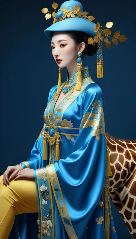 A giraffe in a blue dress and a blue hat with gold decorations, Huang Guangjian , CG Society, Cloisonnism, jingna zhang,  Beautiful rendering of the Tang dynasty  ,  Unreal Engine Render  + goddess