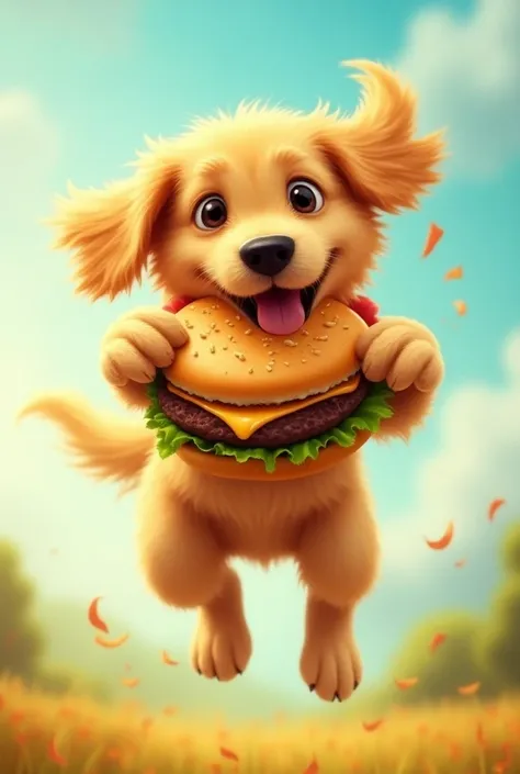 A flying golden retriever eating a big burger golden retriever is very happy