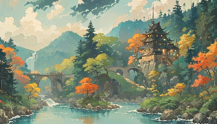 Cozy , studio ghibli inspired , landscape , forest , river , minimal