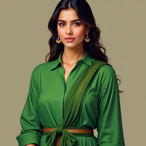 Pakistani lady wearing a green shirt tucked completely into her shalwar. Shalwar waistline should be visible. And shirt should not be hanging out. And dupatta tied around her waist 