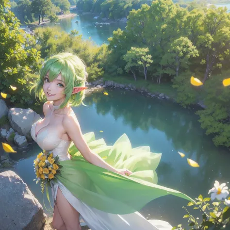 (8k, Best Quality, Anime Style,  viewers, Bright atmosphere, smile, Teenage Girls,  complicated details:1.3),(A female elf , Yellow-green hair, Big Breasts, I can see the valley, Nice body), ( wedding dress, Petals fluttering,  standing figure where the wh...