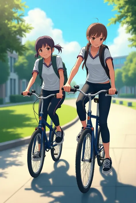 Two full-length schoolgirls are wearing leggings and bicycles