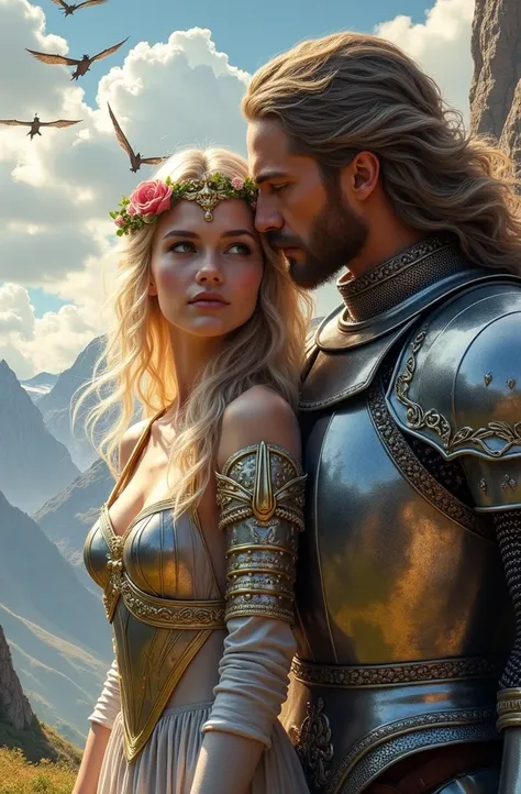 a heroic knight in sparkling silver armor with intricate ornaments, a beautiful woman with long flowing blonde hair decorated with an elegant floral crown, dressed in elegant minimalistic armor with gold inserts, radiating strength and grace, standing clos...