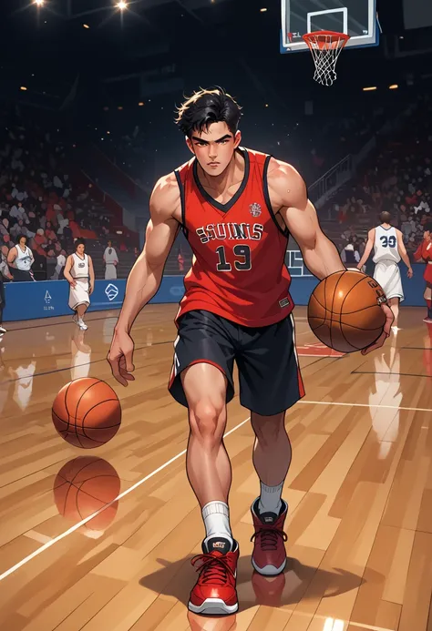 male, black, black hair, red jersey, basketball court, dunk