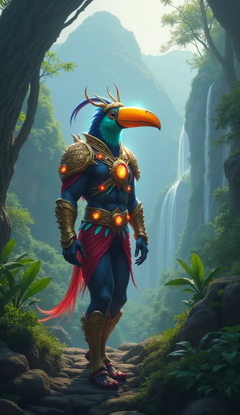  Imagine A hybrid of a toucan with the character Elementalist from Dungeon and Fighter, hiking through a Colombian rainforest .  The toucan is dressed in magical costumes that shine with bright colors ,  while the scenery includes waterfalls and mountains ...