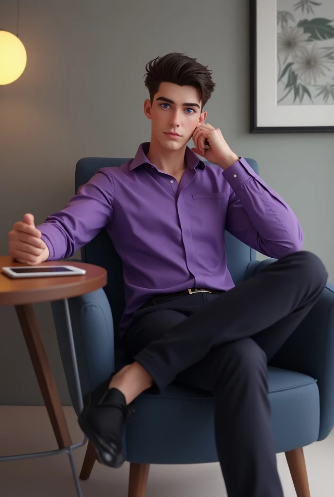 A handsome boy setting on chair and he picks a phone from a table he wear perpule shirt and black shoes,purple eyes