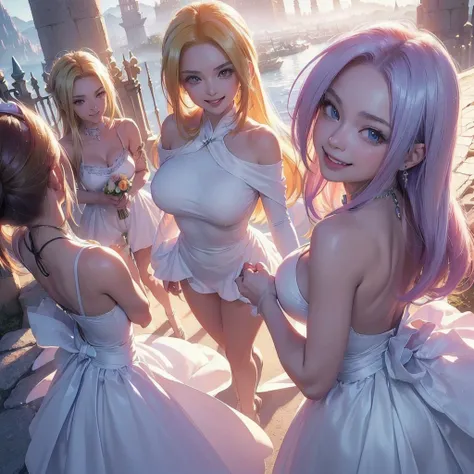 (8k, Best Quality, Anime Style,  viewers, Bright atmosphere, smile, Teenage Girls,  complicated details:1.3),( 1 girl, Android 18 from Dragon Ball Z, Big Breasts, I can see the valley, Nice body), ( wedding dress, Petals fluttering,  standing figure where ...