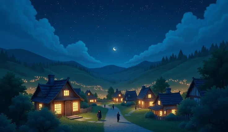  A small village located under a sky full of stars at night. The lights of the houses are slightly lit , Draw in animation style but realistic