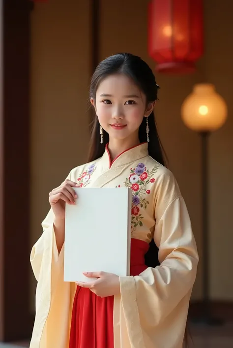 Cute long-haired Thai girl wearing Thai dress holding a white cover book shows off to the audience