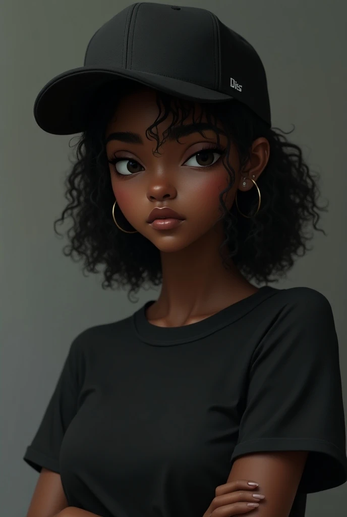  1 girl, Alone, Jet Black Skin, Black women,  upper body, Baseball cap, t-shirt, Tomboy