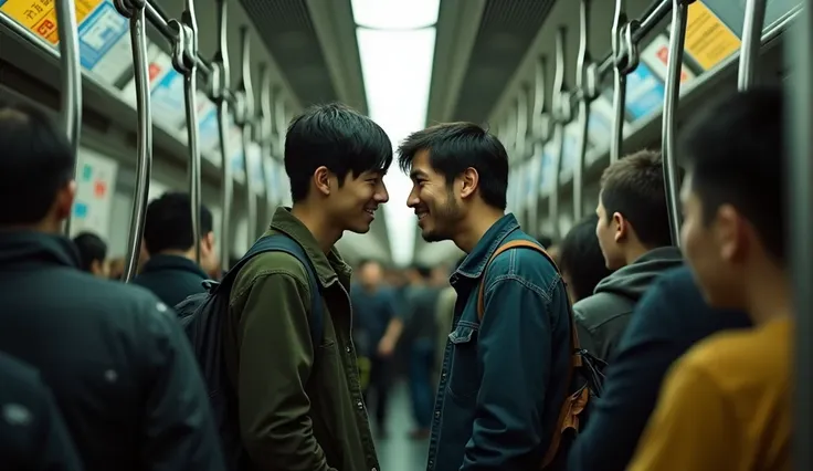 Two men in Taiwan sit together in the subway car，2 people having an interaction 